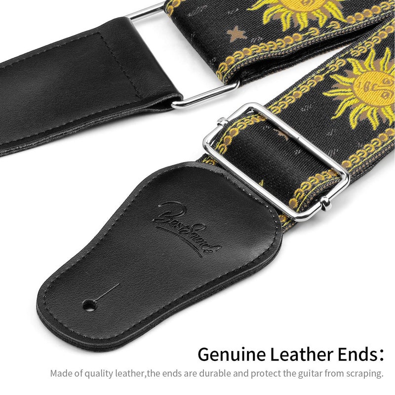 BestSounds Guitar Strap, Vintage Embroidered Sun Straps with Genuine Leather Ends Guitar Shoulder Strap for Bass, Acoustic,Classical & Electric Guitar (Black) - Image 2